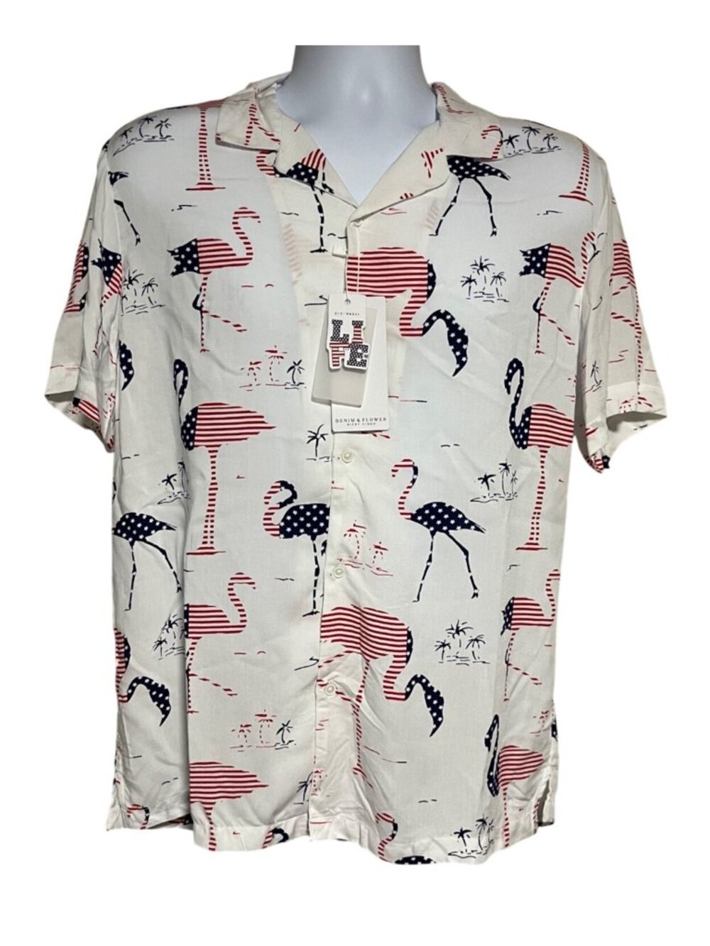 DENIM & FLOWER Ricky Singh Patriotic Flamingo Flag Print Button Up Shirt Mens M